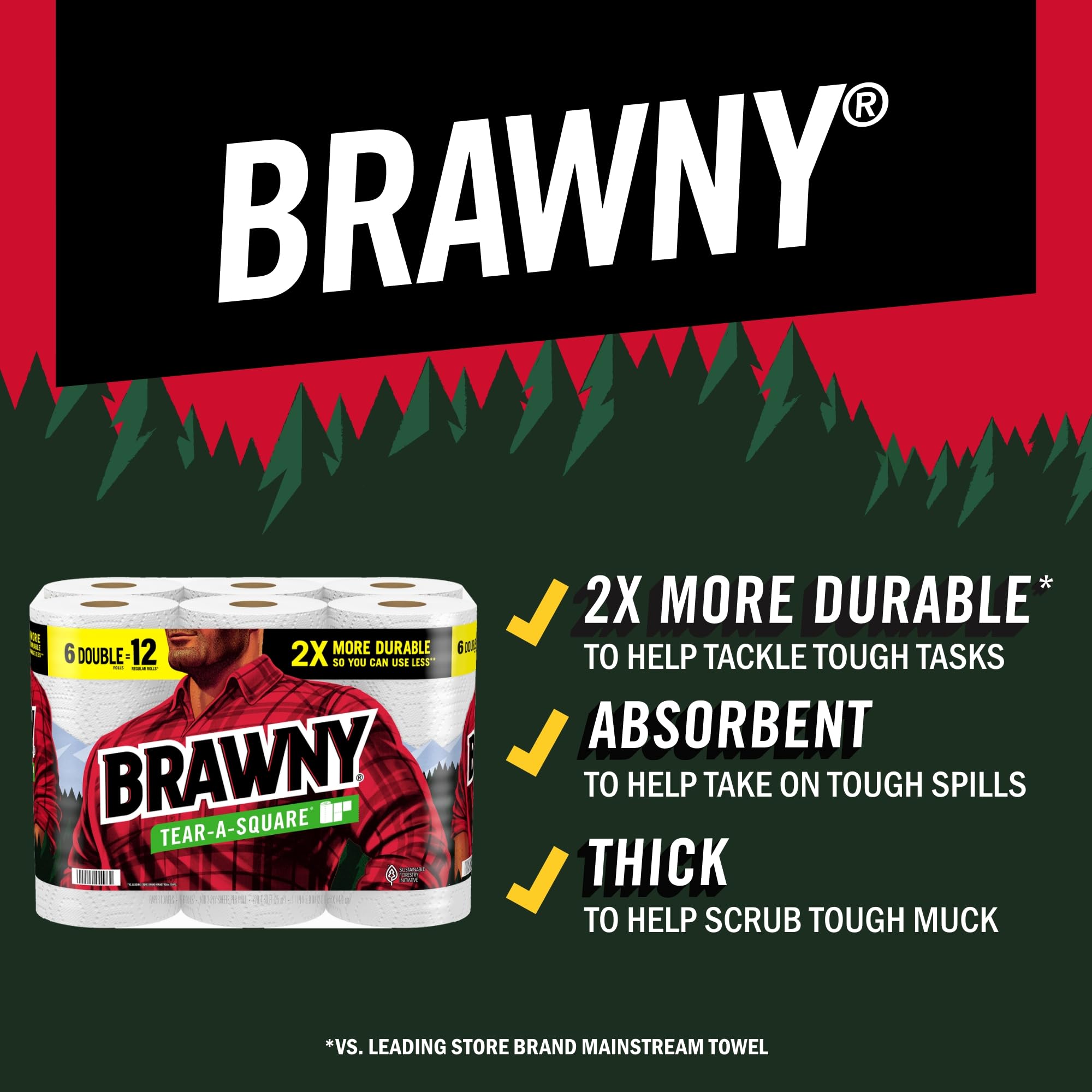 Brawny Tear-A-Square Paper Towels, 6 Double Rolls = 12 Regular Rolls, 3 Sheet Sizes (Quarter, Half, Full), Strength For All Mess